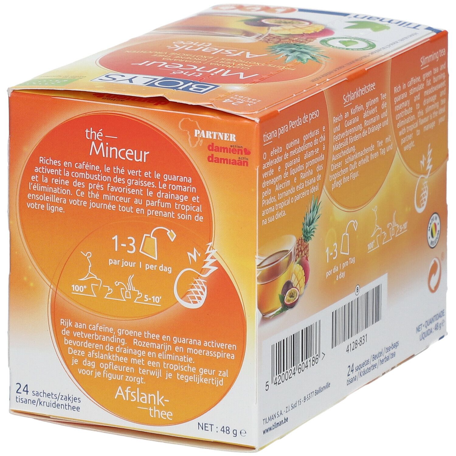Côté de la boîte Biolys Thé Vert au Guarana Exotique. Texte multilingue, informations d'utilisation et ingrédients.
