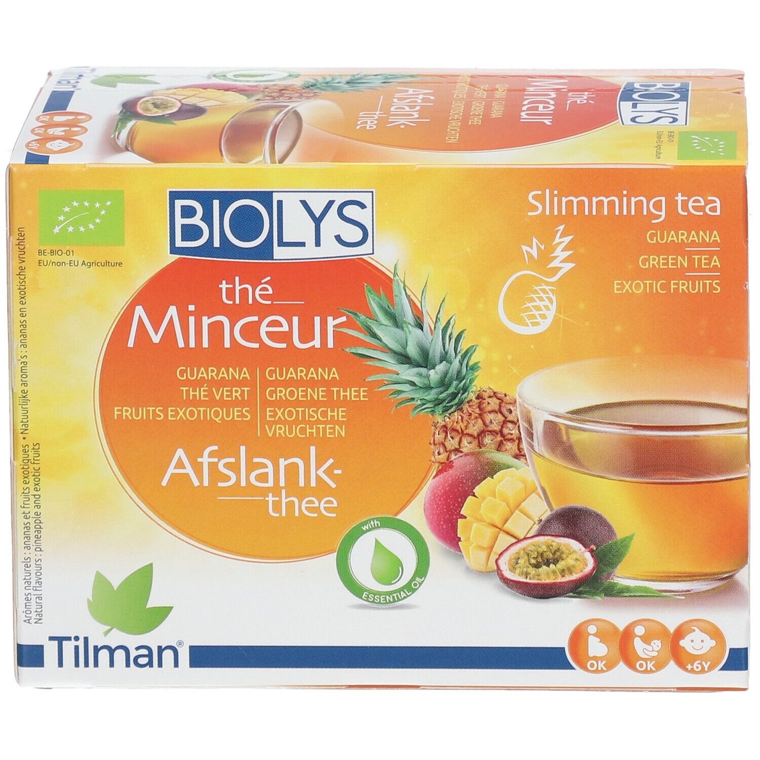 Boîte de Biolys Thé Vert au Guarana Exotique. Emballage orange avec illustration et texte. Contient 24 sachets de thé.