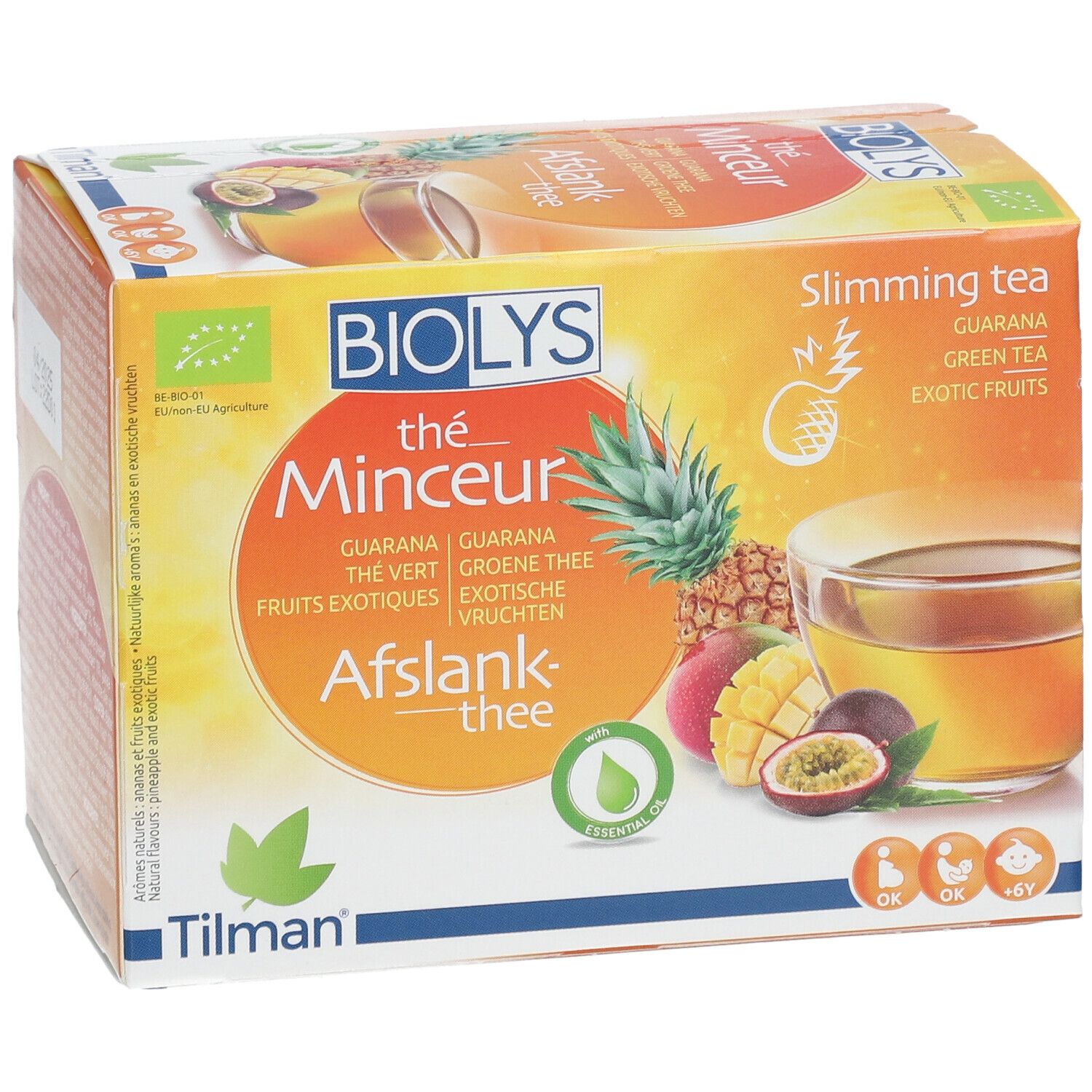 Boîte de Biolys Thé Vert au Guarana Exotique. Emballage orange avec illustration et texte. Contient 24 sachets de thé.