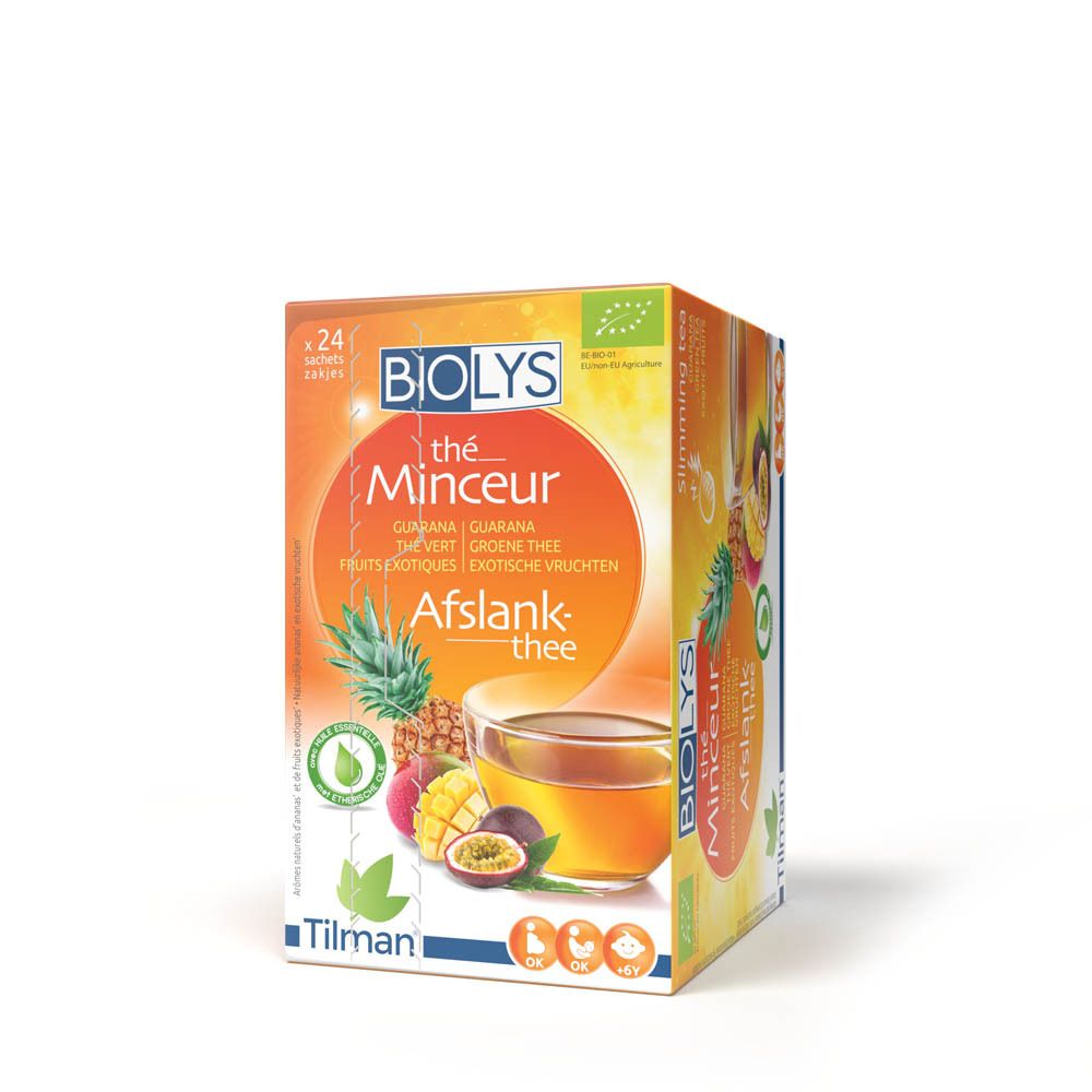 Boîte de Biolys Thé Vert au Guarana Exotique. Emballage orange avec illustration et texte. Contient 24 sachets de thé.