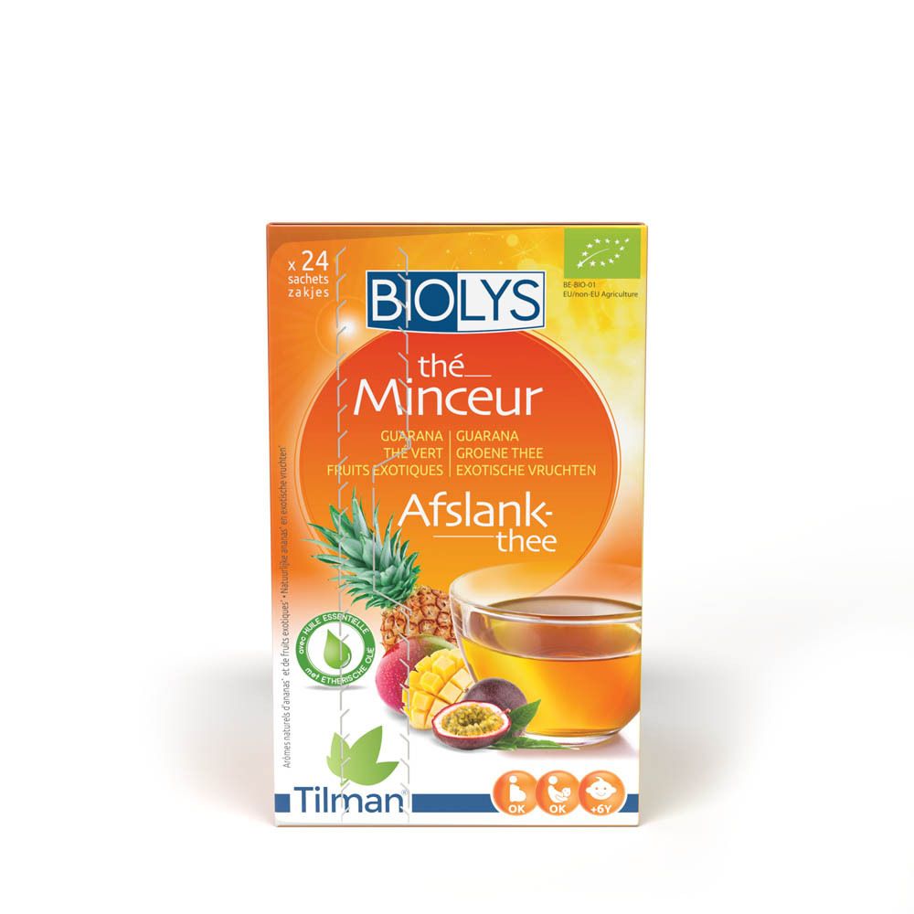 Boîte de Biolys Thé Vert au Guarana Exotique. Emballage orange avec illustration et texte. Contient 24 sachets de thé.