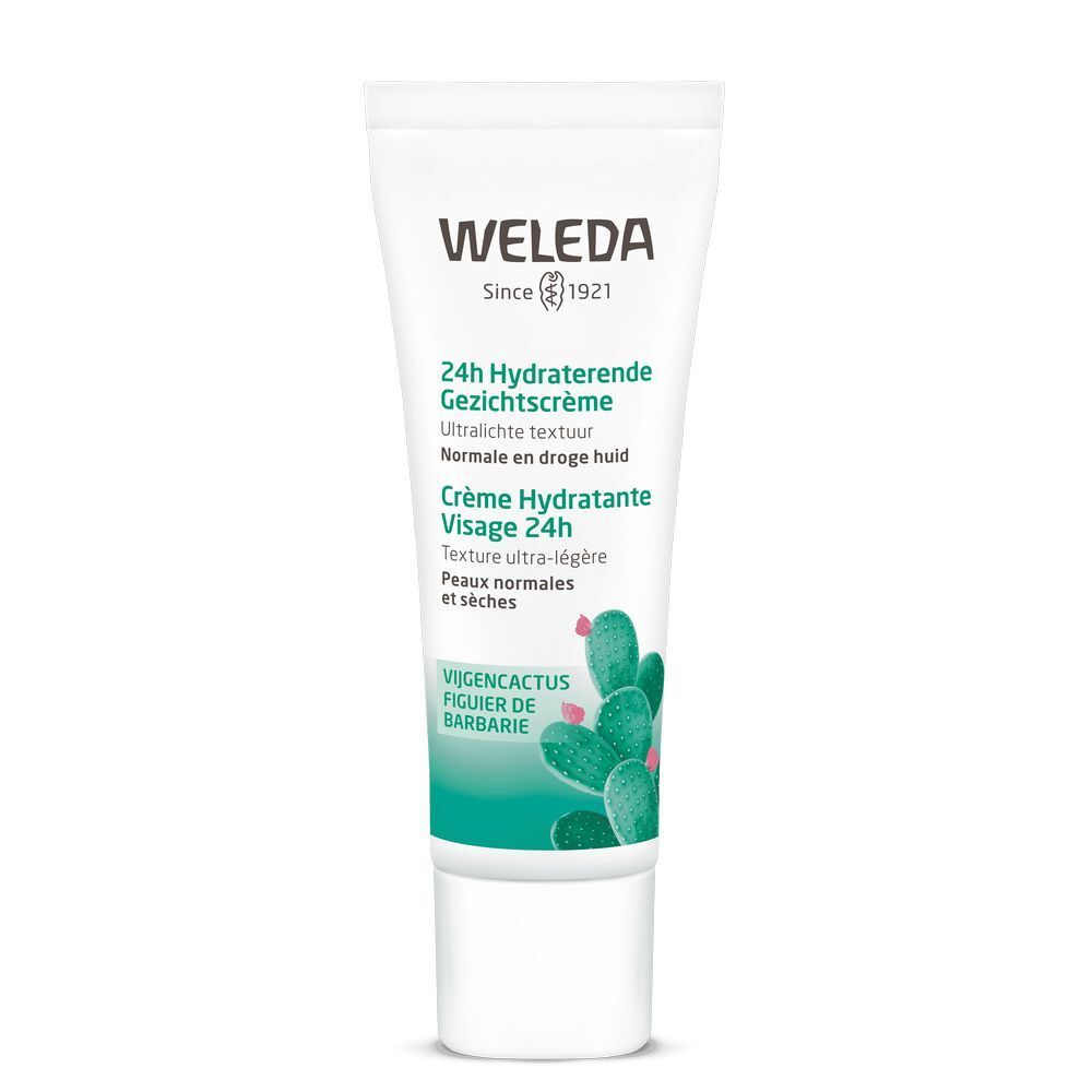 Crèmetube met groen cactusmotief. Tekst in het Duits, Nederlands, Frans. Merk: Weleda.