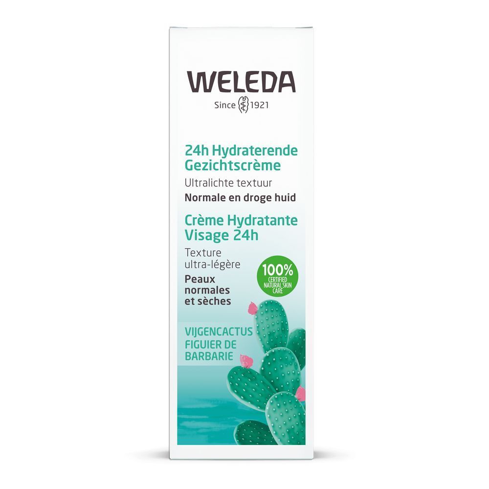 Verpakking met groen cactusmotief. Tekst in het Duits, Nederlands, Frans. Merk: Weleda. 100% Natural Skin Care.