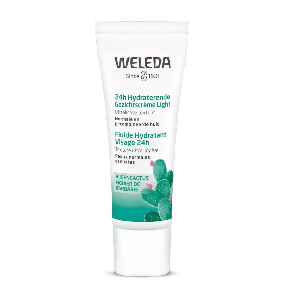 Tube de fluide hydratant Weleda. Texte en néerlandais, français et allemand. Illustration de cactus.