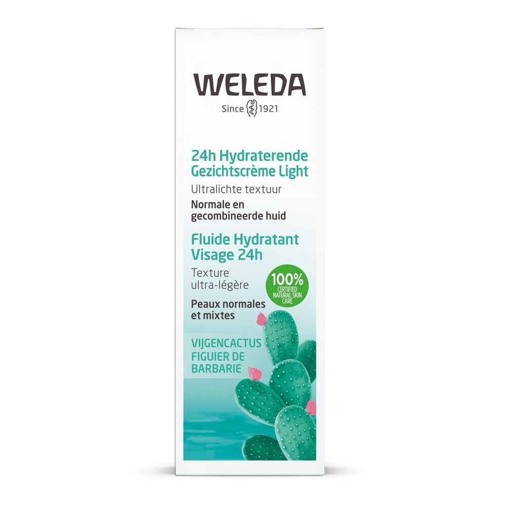 Emballage de fluide hydratant Weleda. Texte en néerlandais, français et allemand. Illustration de cactus.