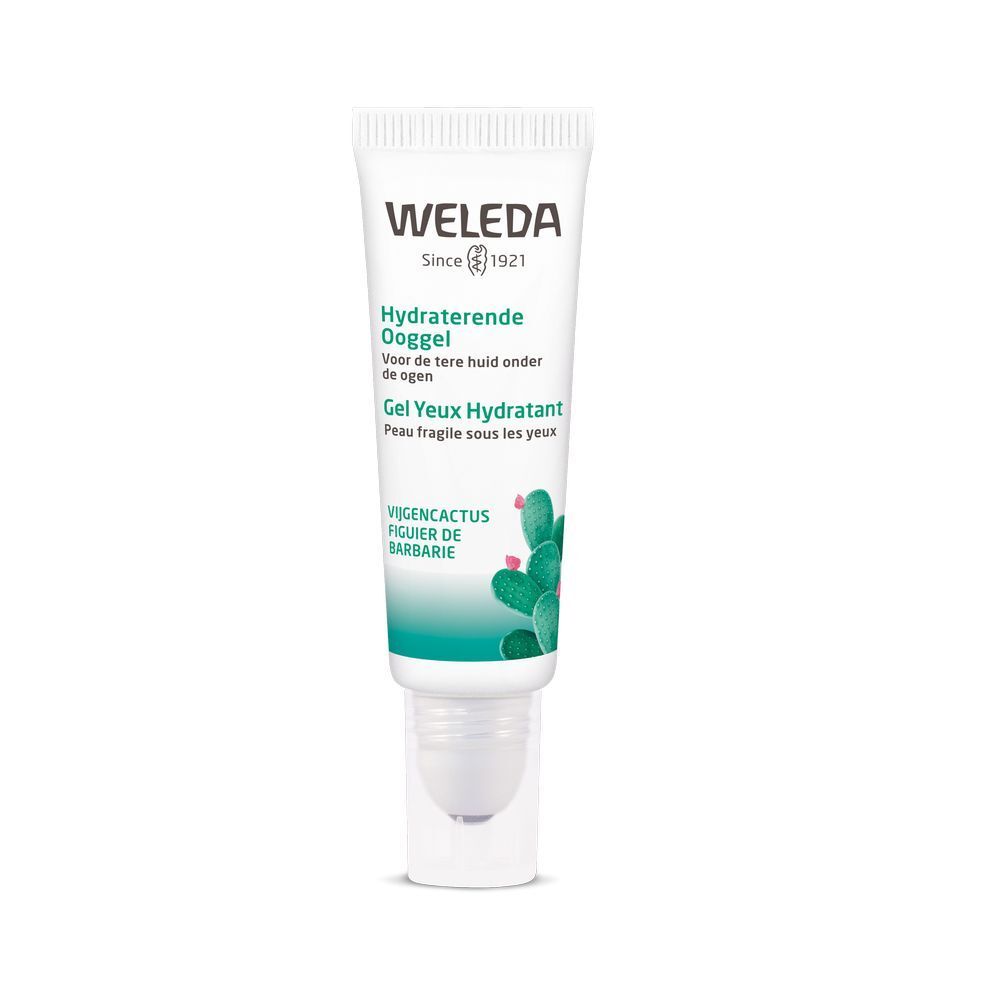Weleda ooggel tube met roll-on applicator. Tekst: Hydraterende Ooggel, Gel Yeux Hydratant, Vugencactus figue de barbarie.
