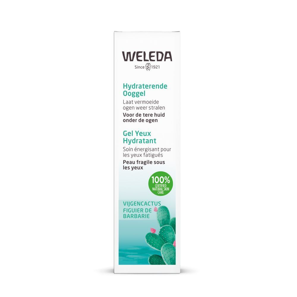 Weleda verpakking met tekst: Hydraterende Ooggel, Gel Yeux Hydratant, Vugencactus figue de barbarie. 100% natuurlijke verzorging.
