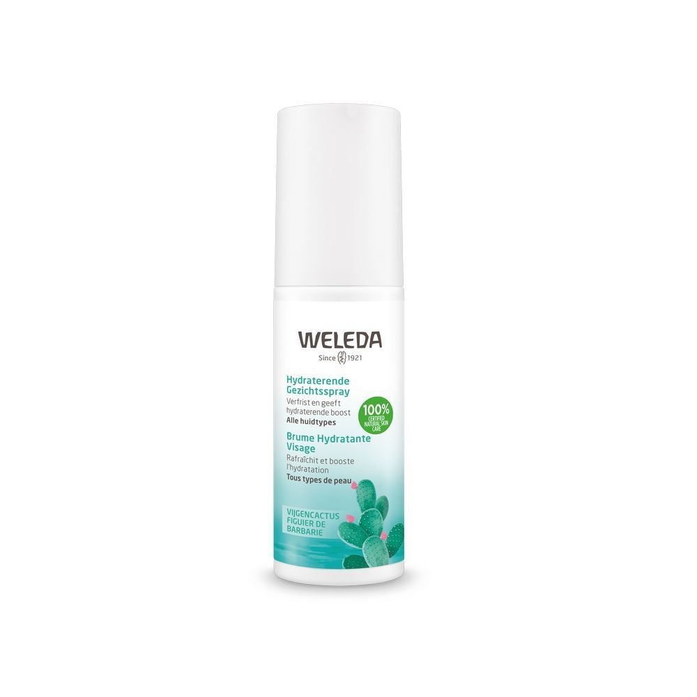 Weleda Hydraterende spray. Witte spuitfles met groen en turquoise etiket. Opschrift: Hydraterende Gezichtsspray. Cactus illustratie.