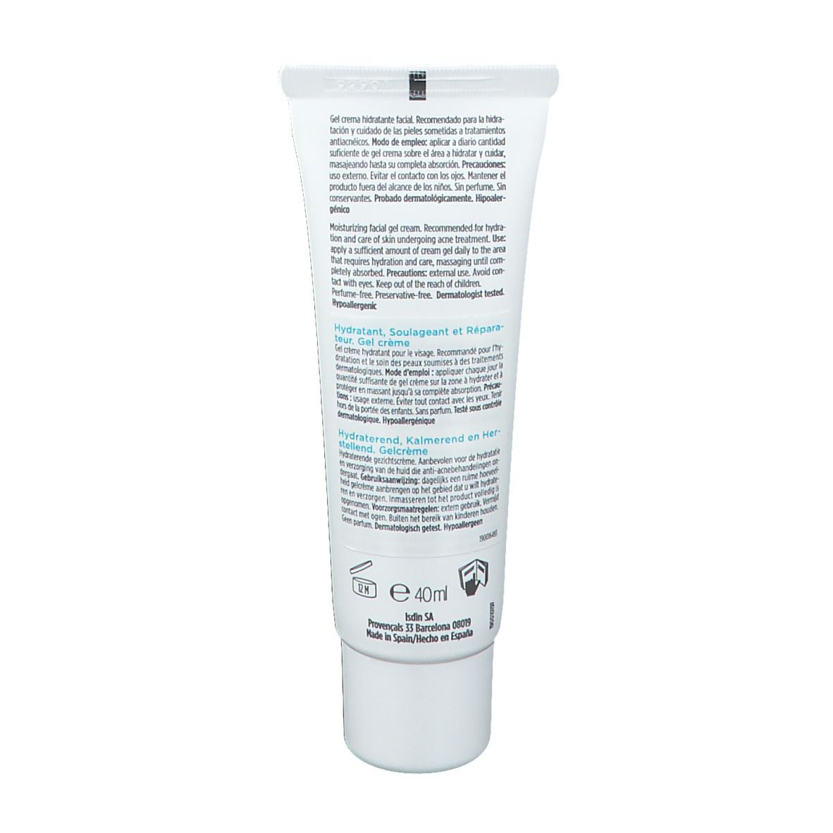 Dos du tube ISDIN Teen Skin Rx Acniben Repair. Texte multilingue. Volume 40ml.