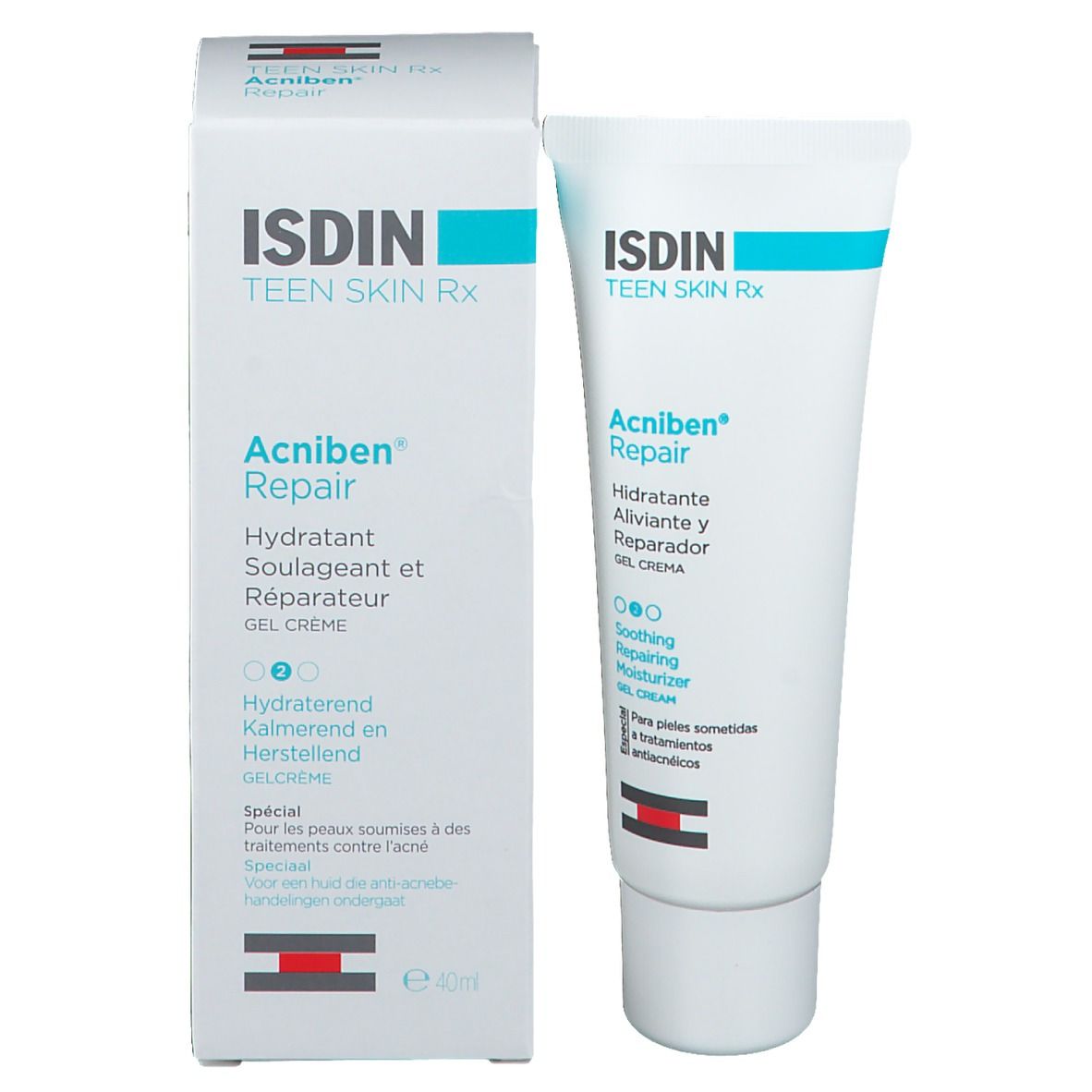 Tube et emballage ISDIN Teen Skin Rx Acniben Repair. Blanc avec inscriptions turquoise. Nom et caractéristiques.