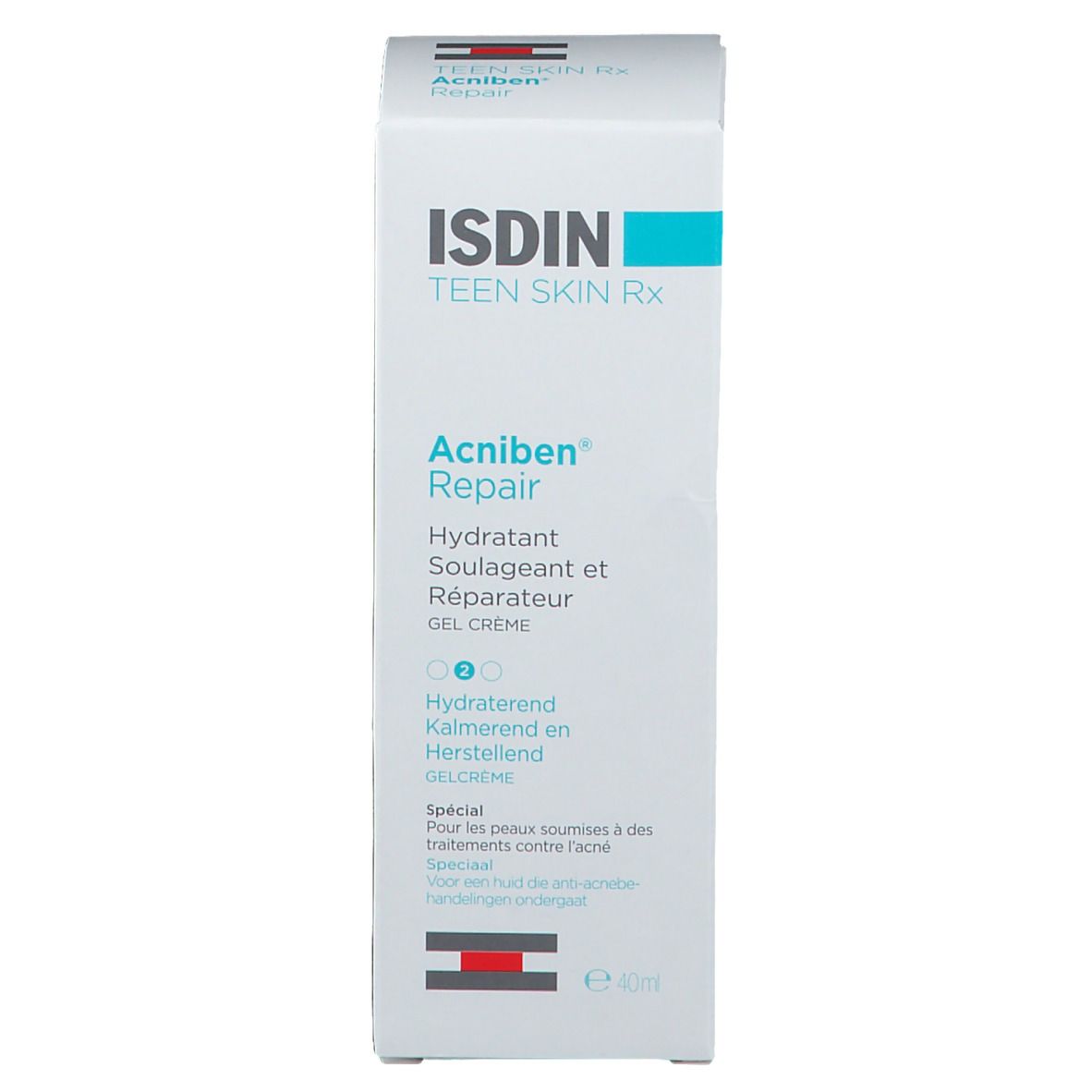 Emballage ISDIN Teen Skin Rx Acniben Repair. Blanc avec inscriptions turquoise. Nom et caractéristiques.