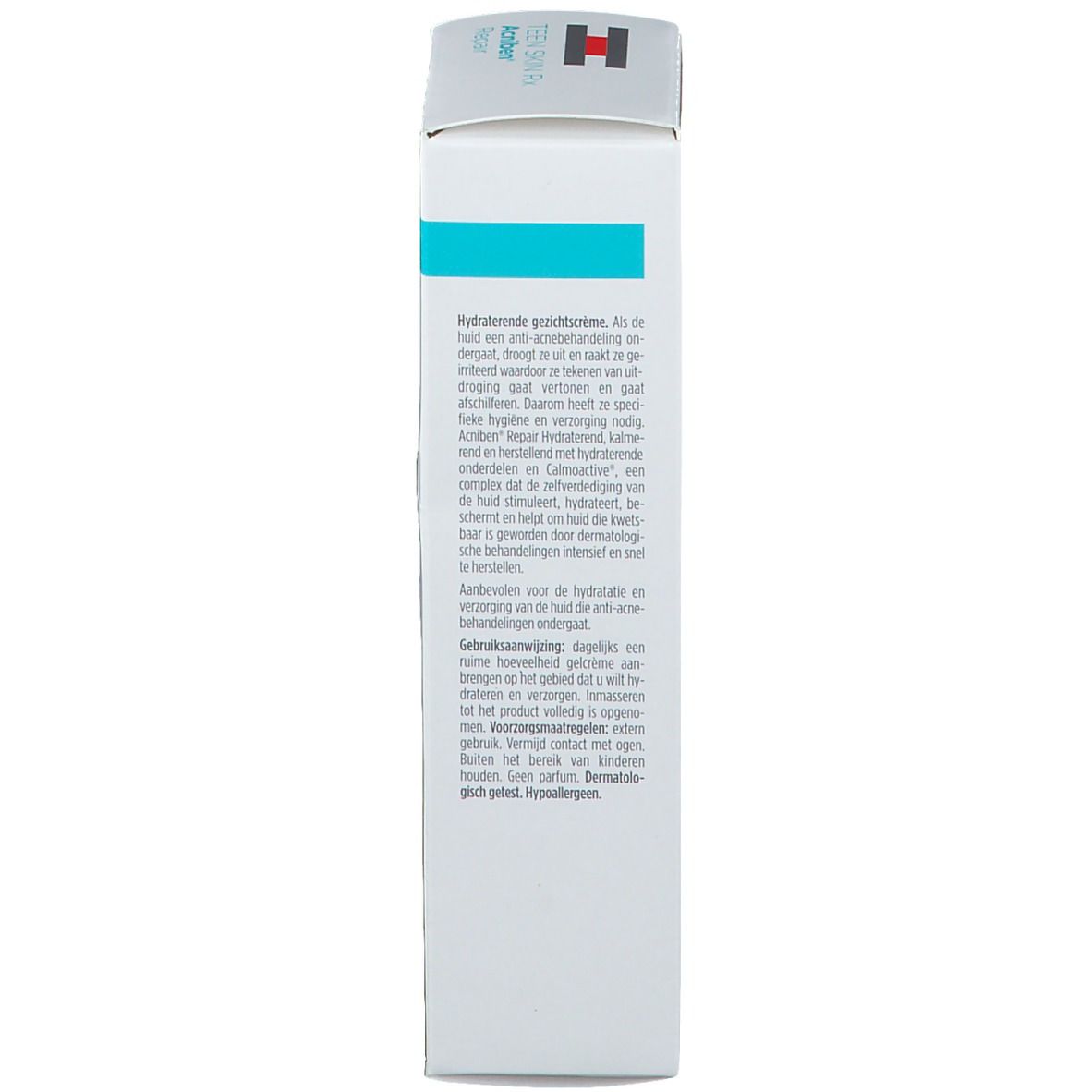 Côté de l'emballage ISDIN Teen Skin Rx Acniben Repair. Texte multilingue. Informations sur le produit.