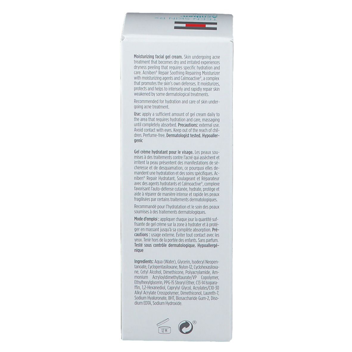 Dos de l'emballage ISDIN Teen Skin Rx Acniben Repair. Texte multilingue. Ingrédients et utilisation.