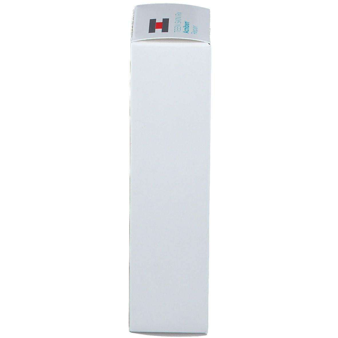 Côté de l'emballage ISDIN Teen Skin Rx Acniben Repair. Blanc avec bande turquoise. Marque et nom du produit.