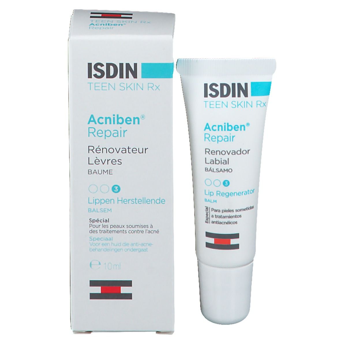 Produktverpackung mit Tube und Schachtel. ISDIN Teen Skin Rx Acniben Repair. Text und Logo.