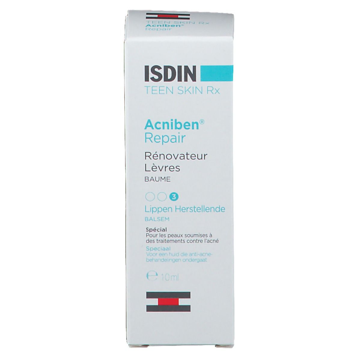 Weiße Schachtel mit ISDIN Teen Skin Rx Acniben Repair. Text und Logo auf der Vorderseite.