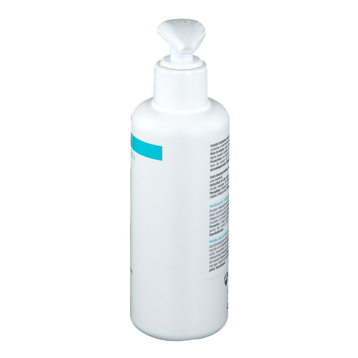 Flacon blanc avec pompe. Dos avec texte. Inscription 180ml.