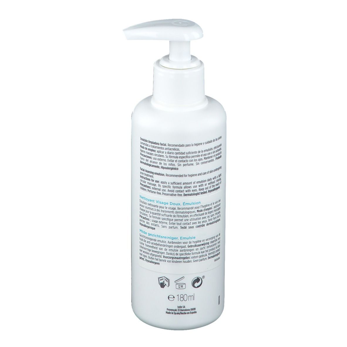 Flacon blanc avec pompe. Dos avec texte. Inscription 180ml.