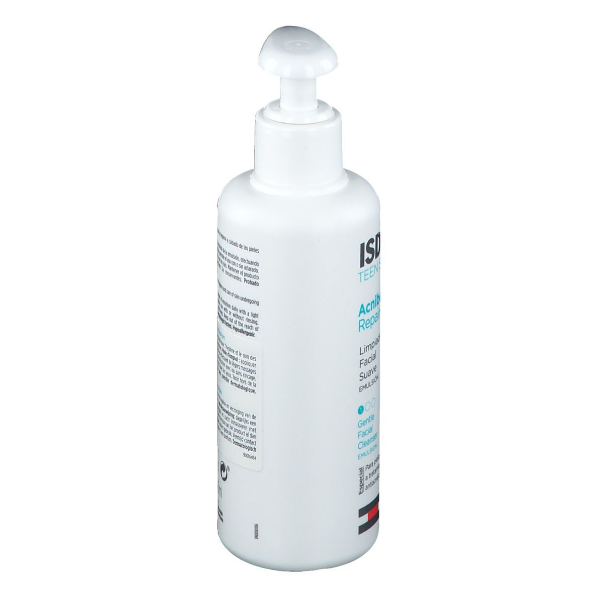 Flacon blanc avec pompe. Inscription ISDIN Teen Skin Rx, Acniben Repair, nettoyant.