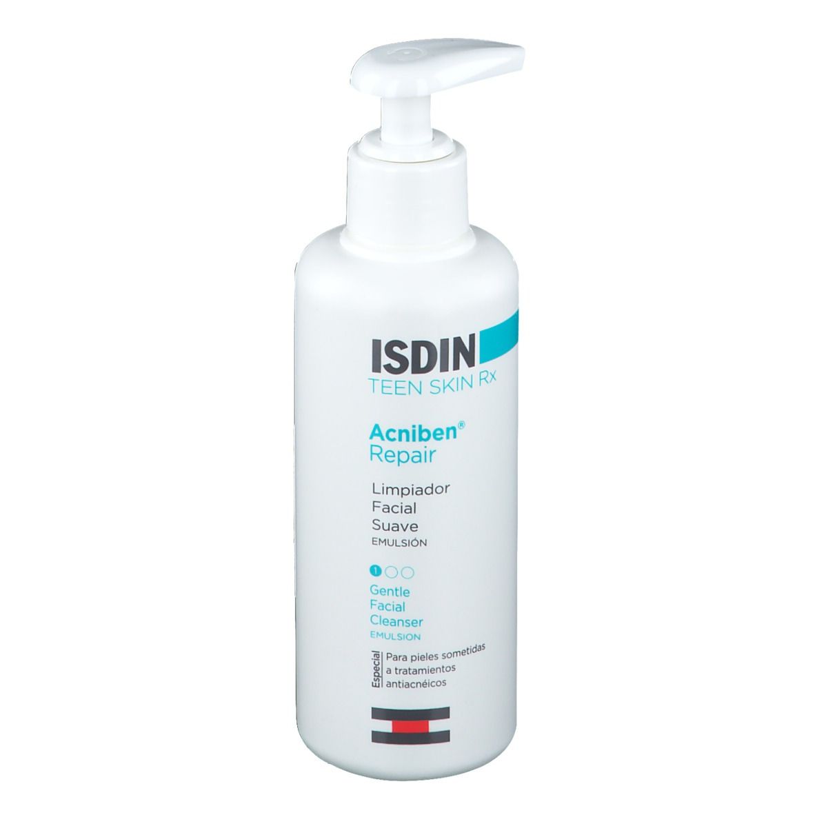 Flacon blanc avec pompe. Inscription ISDIN Teen Skin Rx, Acniben Repair, nettoyant.