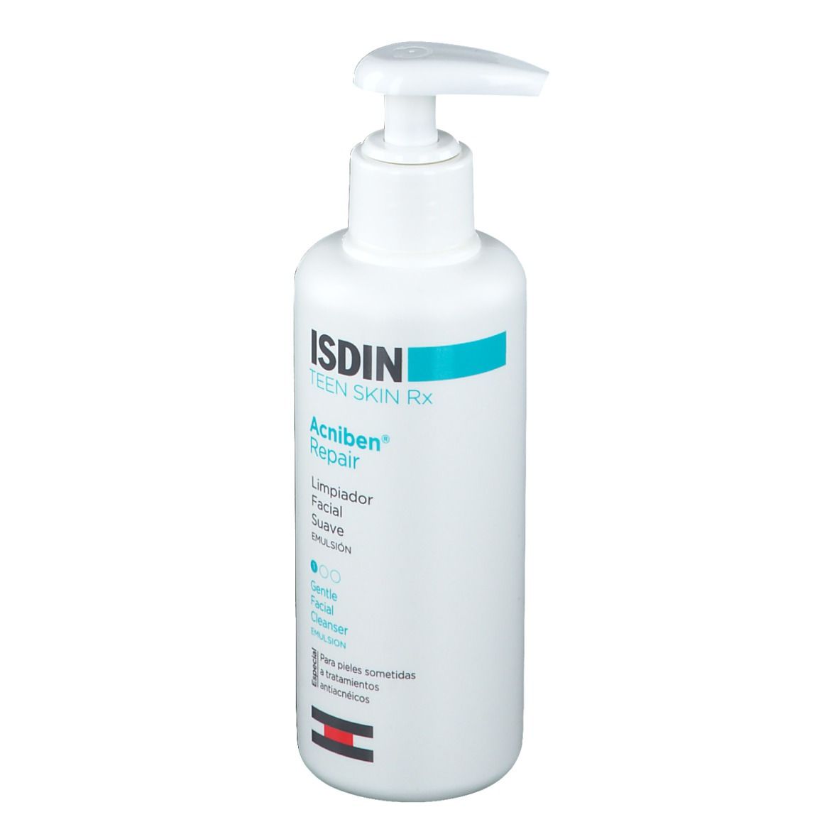 Flacon blanc avec pompe. Inscription ISDIN Teen Skin Rx, Acniben Repair, nettoyant.