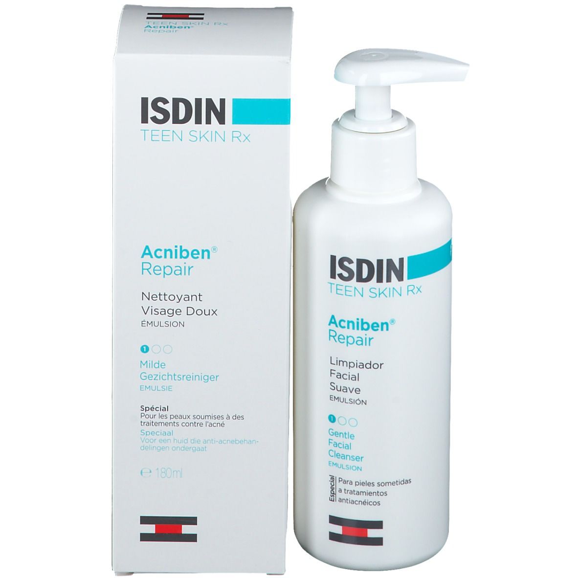 Produit avec emballage. Flacon blanc avec pompe et carton. Inscription ISDIN Teen Skin Rx, Acniben Repair.