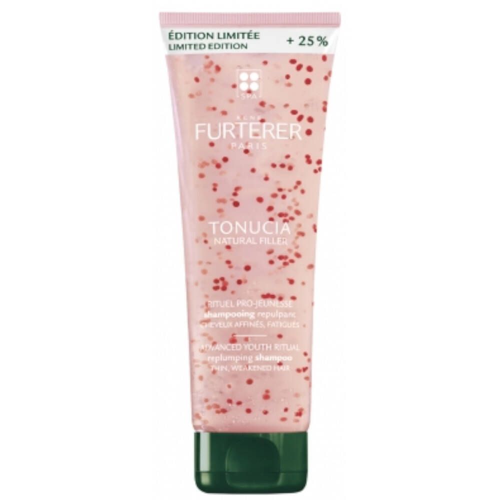 Shampoo transparent avec particules rouges, tube. Inscription: RENE FURTERER, TONUCIA. Édition limitée.