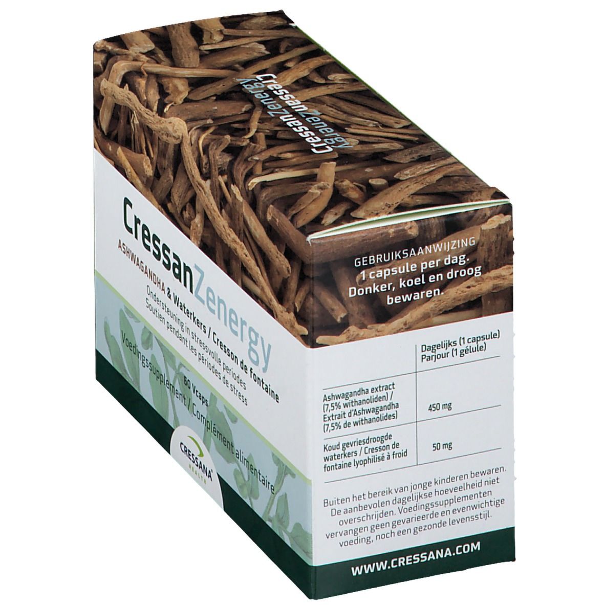Boîte CressanZenergy Ashwagandha en biais. Dessus: racines. Texte: Ashwagandha & Waterkers, 60 Vcaps. Mode d'emploi.