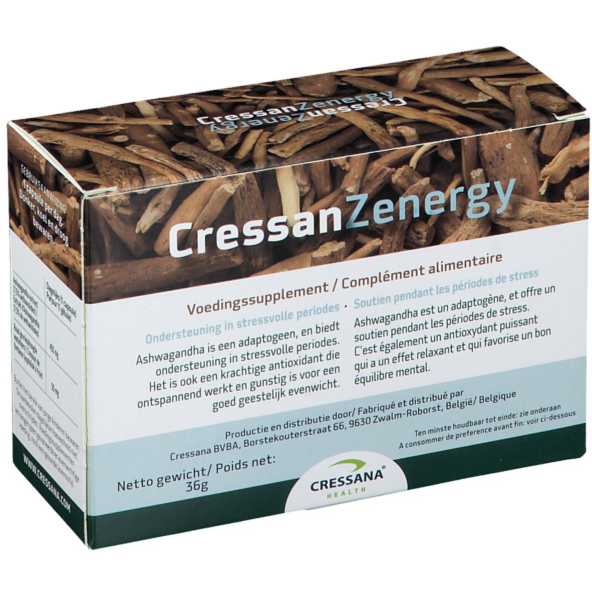 Boîte CressanZenergy Ashwagandha. Dessus: racines. Texte: Ashwagandha & Waterkers, 60 Vcaps. Poids net 36g.