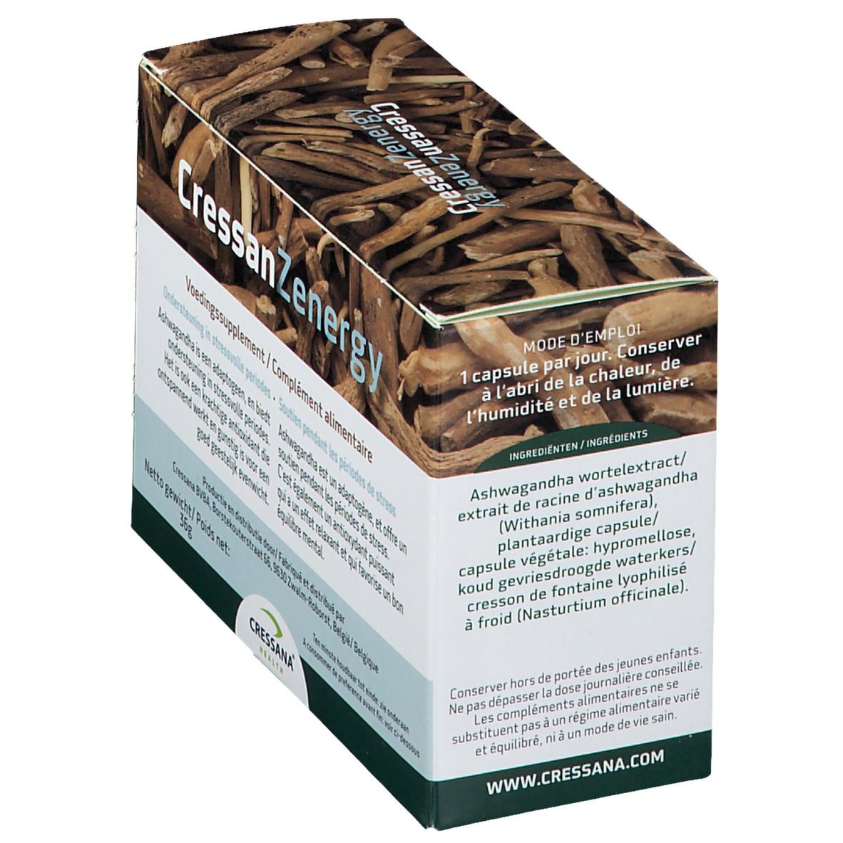 Boîte CressanZenergy Ashwagandha en biais. Dessus: racines. Texte: Ashwagandha & Waterkers, 60 Vcaps. Ingrédients.