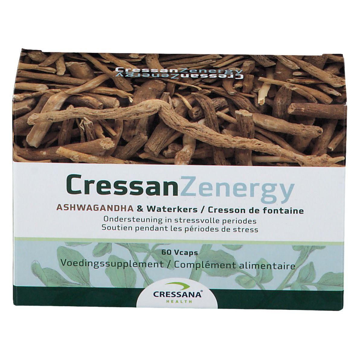 Boîte CressanZenergy Ashwagandha. Dessus: racines. Texte: Ashwagandha & Waterkers, 60 Vcaps. Logo Cressana Health.