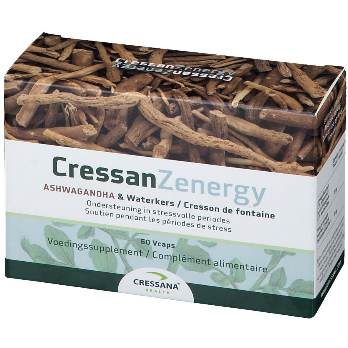 Boîte CressanZenergy Ashwagandha. Dessus: racines. Texte: Ashwagandha & Waterkers, 60 Vcaps. Accents verts.