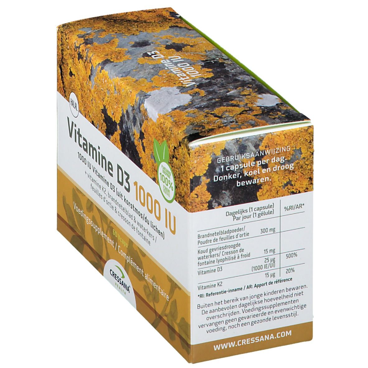 Boîte de CRESSANA® Vitamine D3 1000 IU & K2. Inscription : Vitamine D3 1000 IU. Contient des informations sur le dosage et les ingrédients.