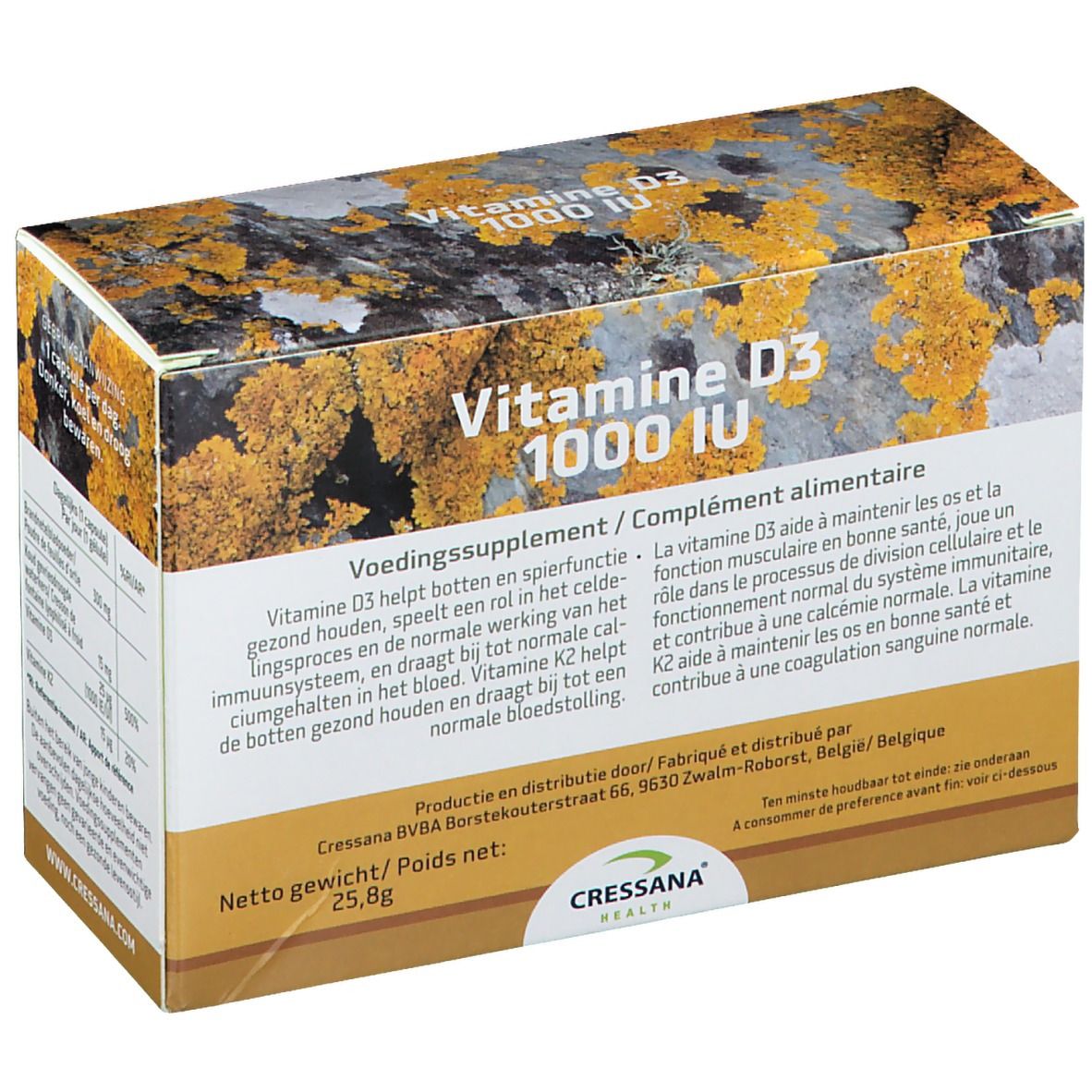 Boîte de CRESSANA® Vitamine D3 1000 IU & K2. Inscription : Vitamine D3 1000 IU. Contient des informations sur les ingrédients et l'utilisation.
