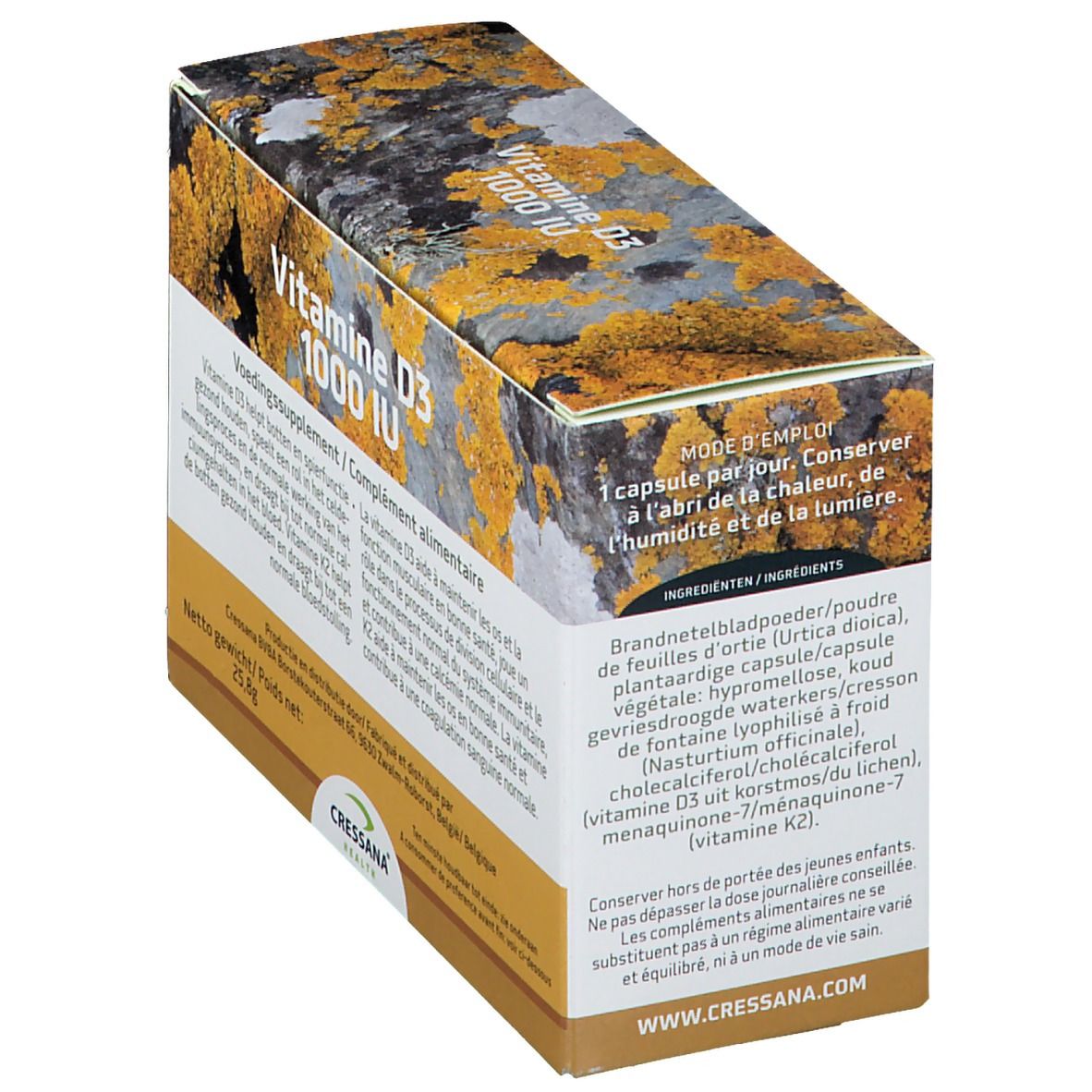Boîte de CRESSANA® Vitamine D3 1000 IU & K2. Inscription : Vitamine D3 1000 IU. Contient des informations sur l'utilisation et les ingrédients.