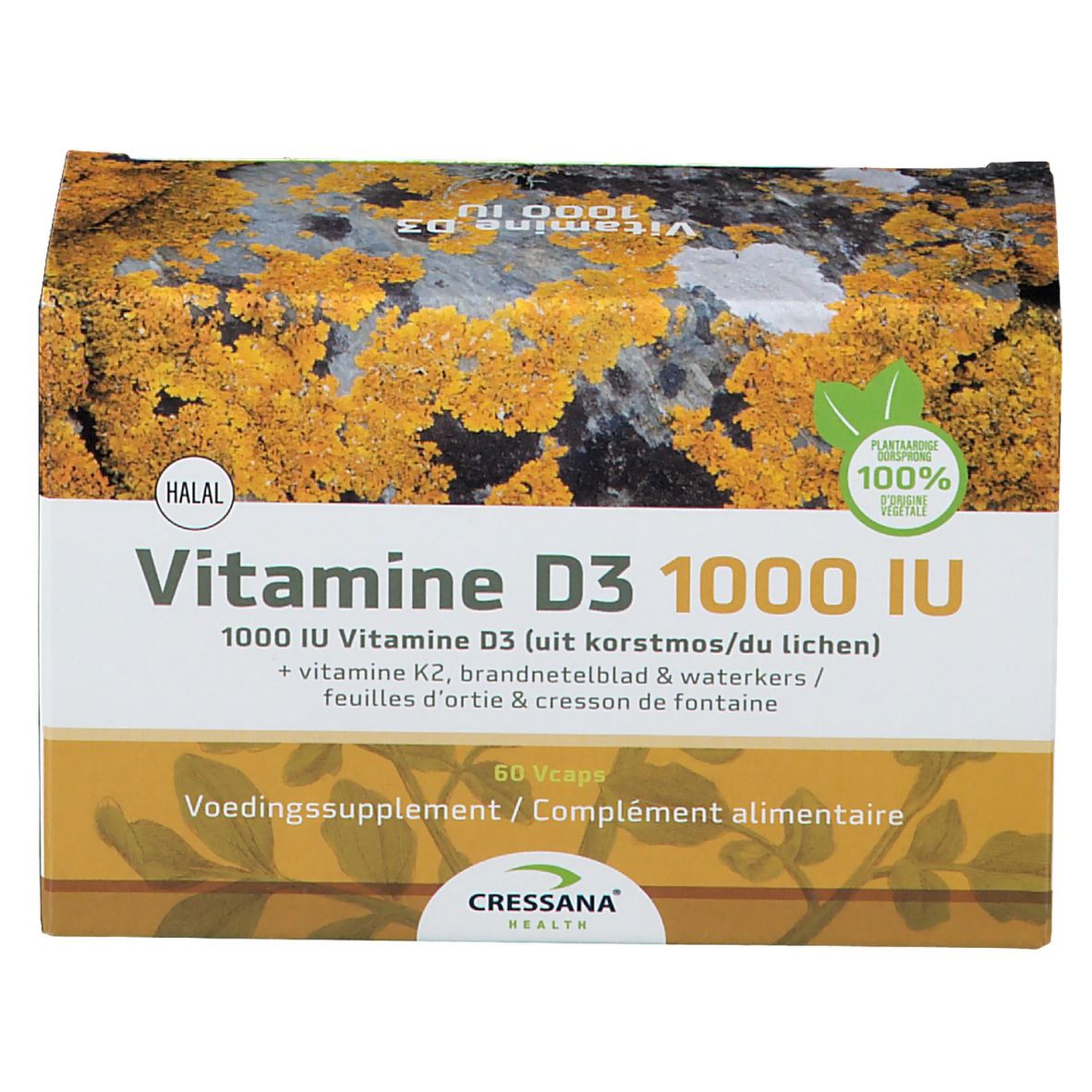Boîte de CRESSANA® Vitamine D3 1000 IU & K2. Inscription : Vitamine D3 1000 IU, 60 Vcaps. Avec sceau Halal et 100% végétal.