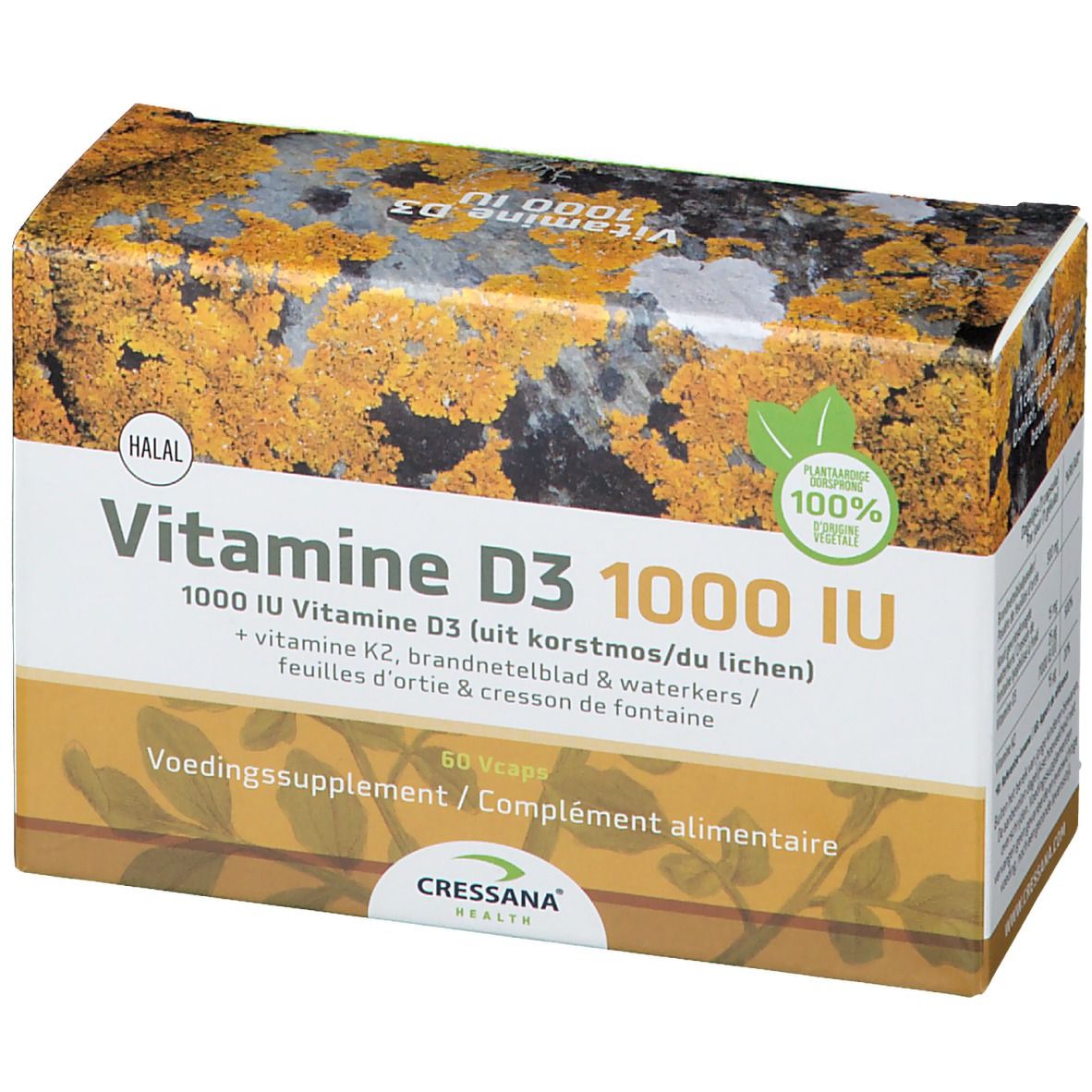Boîte de CRESSANA® Vitamine D3 1000 IU & K2. Inscription : Vitamine D3 1000 IU, 60 Vcaps. Avec sceau Halal et 100% végétal.