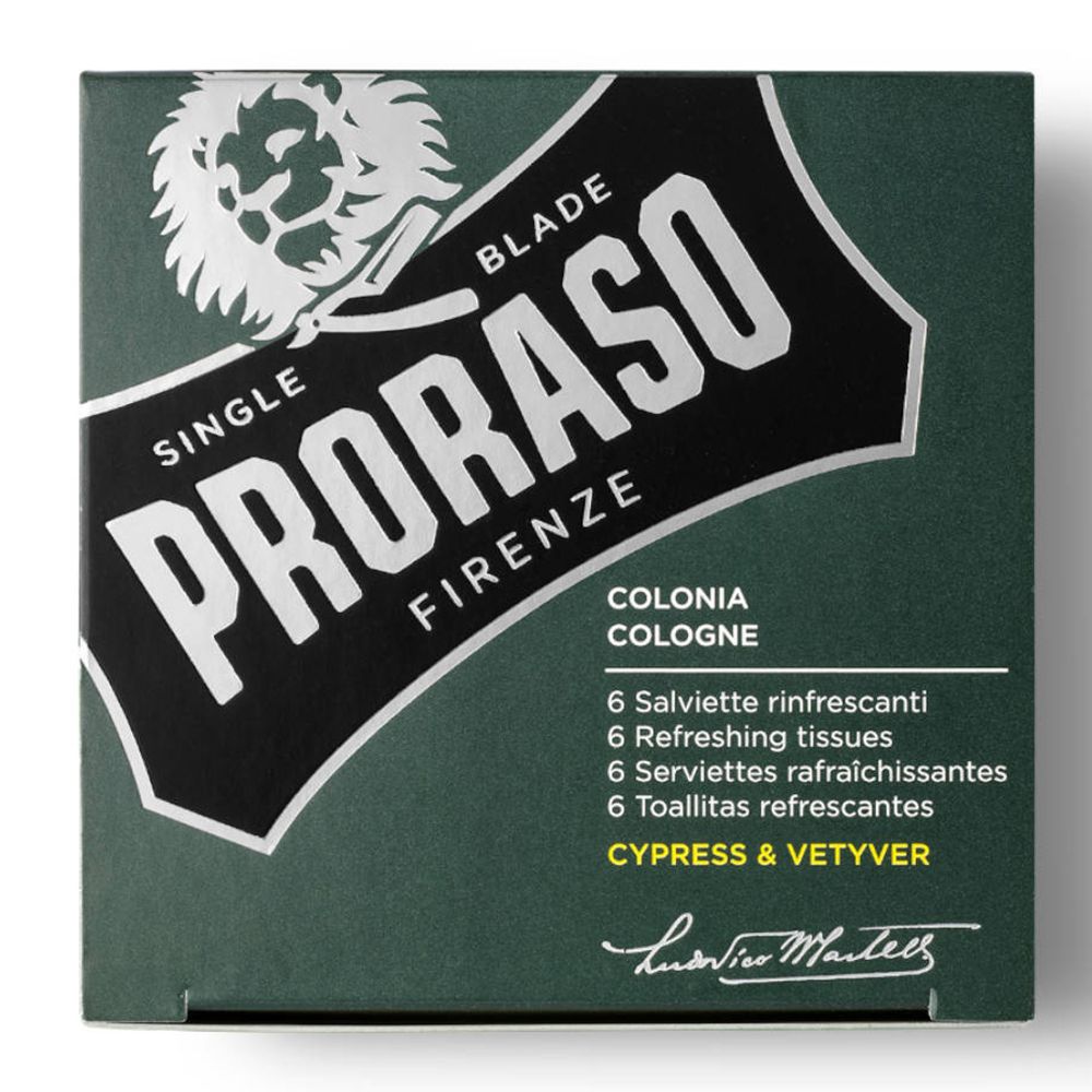 Scatola verde scuro con logo Proraso e nome del prodotto. Contiene 6 salviette rinfrescanti Cipresso & Vetiver.