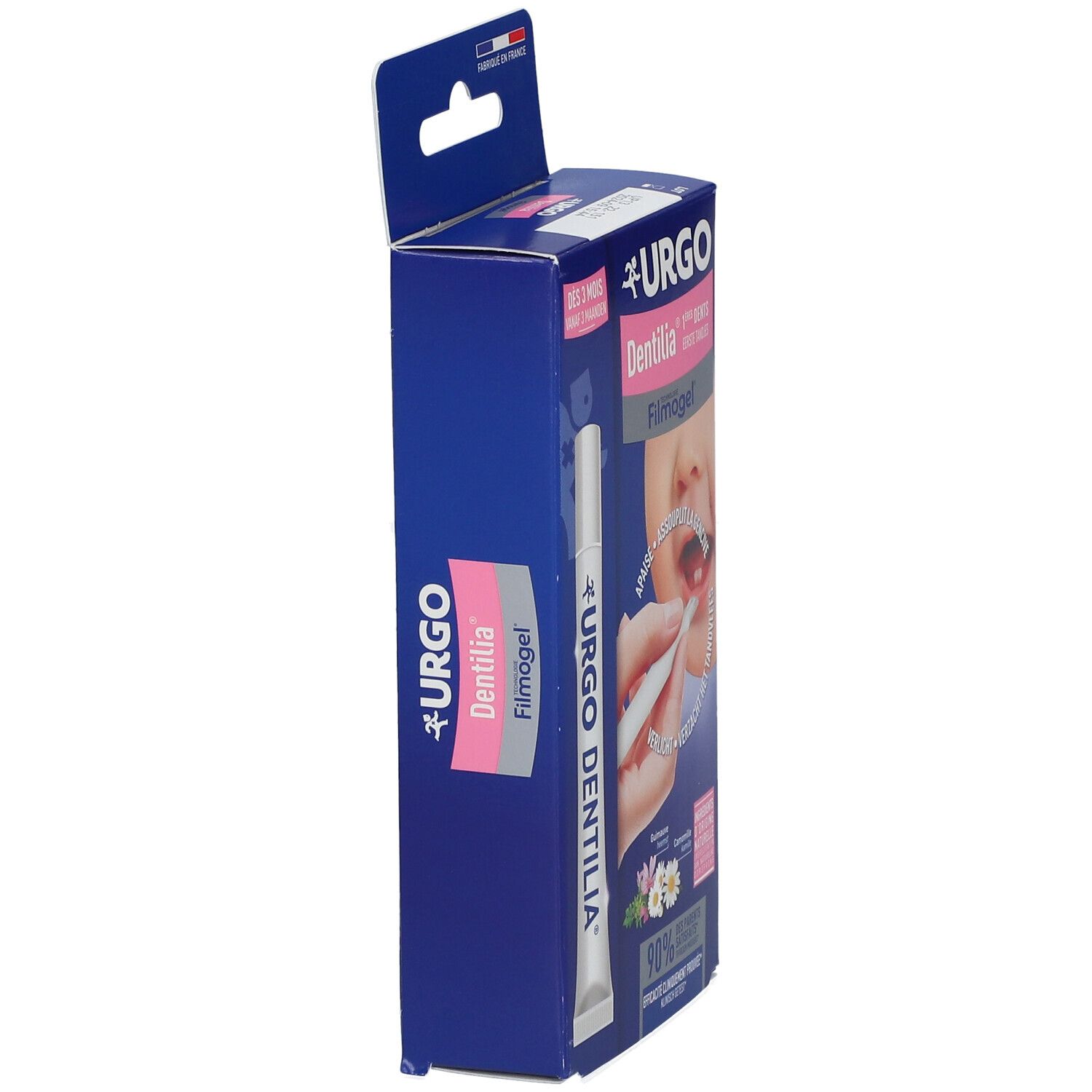 Blaue Verpackung von URGO Dentilia Filmogel. Seitenansicht. Aufdruck: URGO Dentilia Filmogel, Tube.