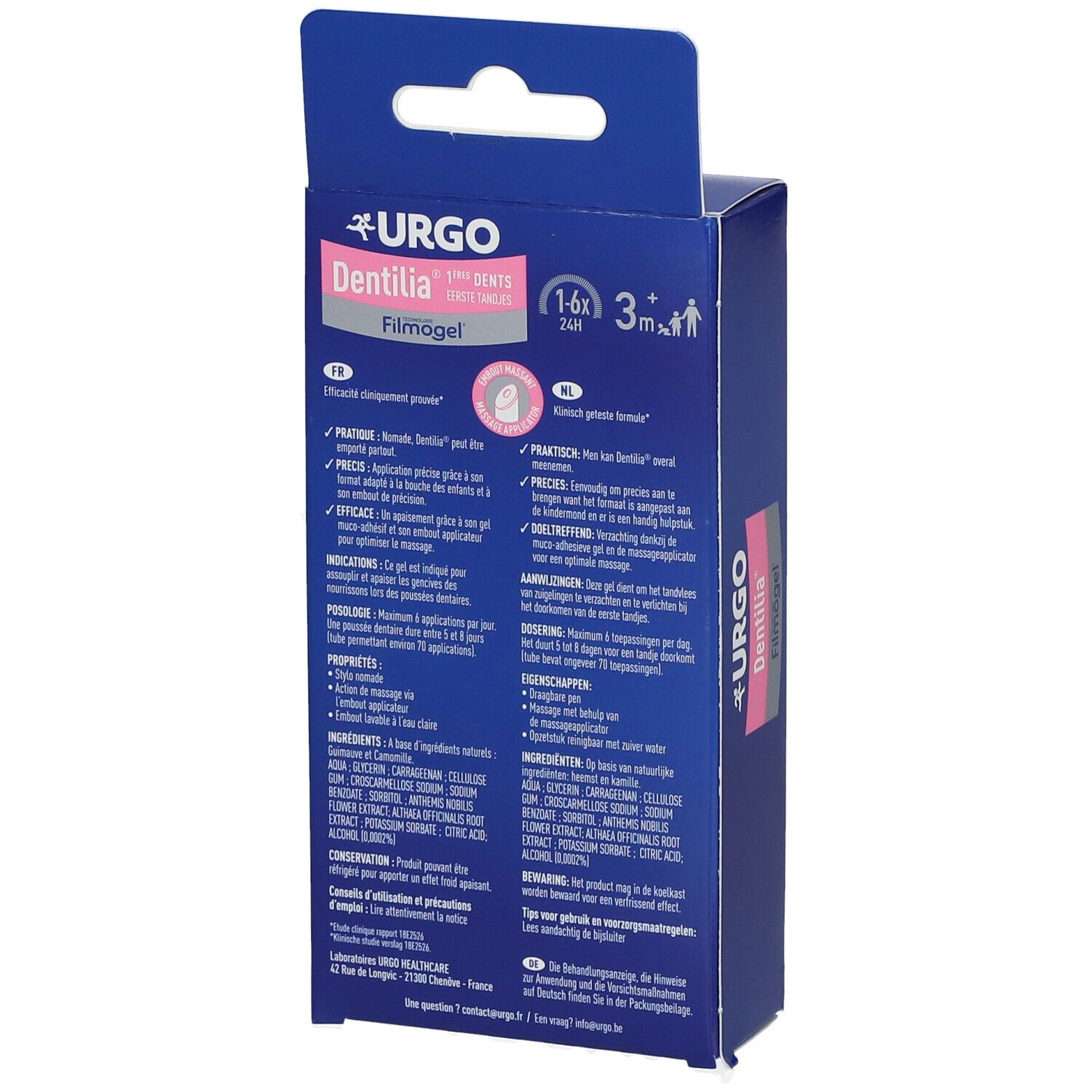 Rückseite der Verpackung von URGO Dentilia Filmogel. Text in Deutsch und Niederländisch. Anwendungshinweise.