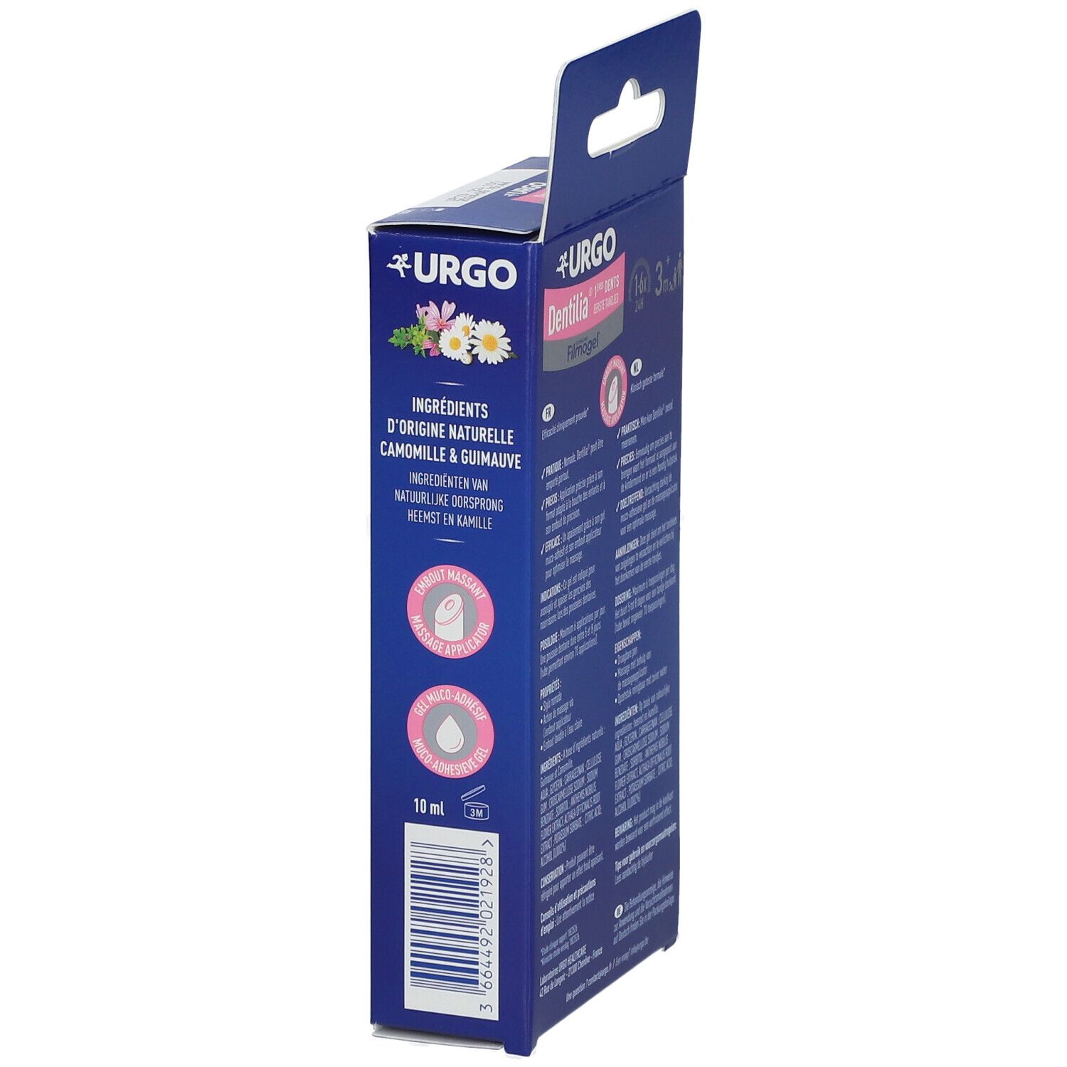 Seitenansicht der Verpackung von URGO Dentilia Filmogel. Aufdruck: Inhaltsstoffe, 10 ml.