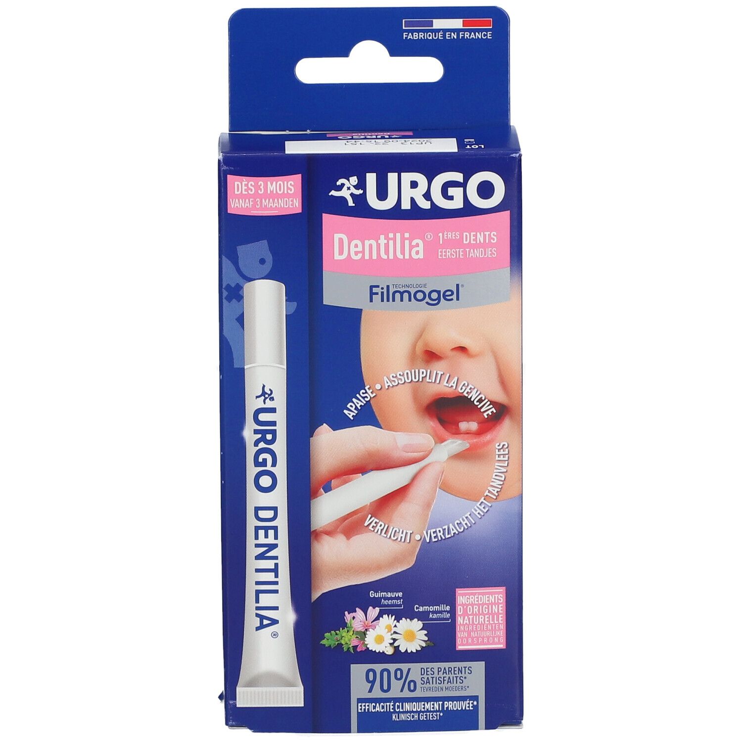 Verpackung von URGO Dentilia Filmogel. Enthält eine Tube. Aufdruck: 1. Zähne, beruhigt das Zahnfleisch.