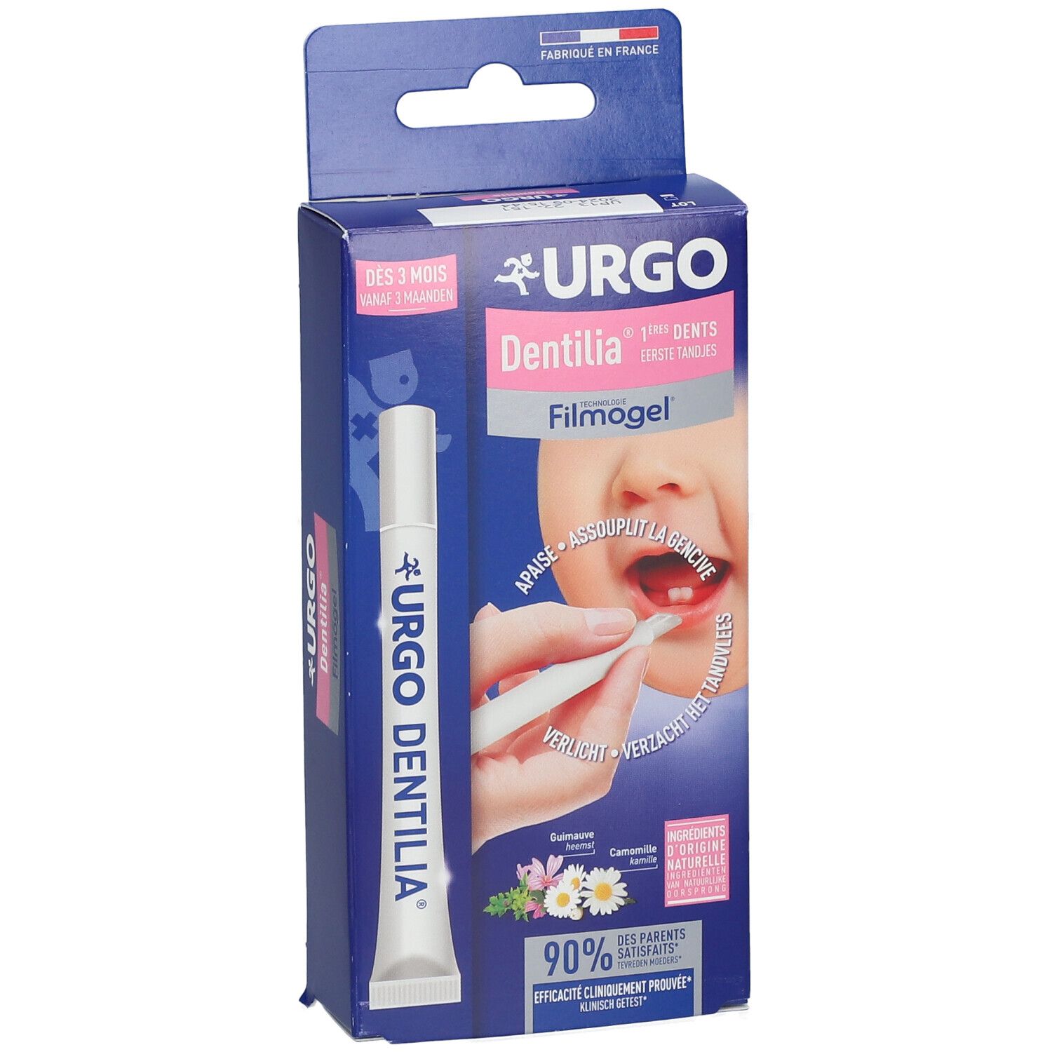 Verpackung von URGO Dentilia Filmogel. Enthält eine Tube. Aufdruck: 1. Zähne, beruhigt das Zahnfleisch.