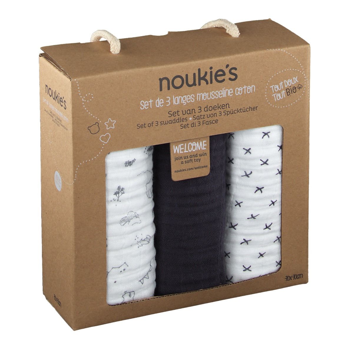 Ensemble de 3 langes en mousseline dans une boîte en carton. Visible : blanc à motifs, bleu foncé, blanc à croix. Poignée.