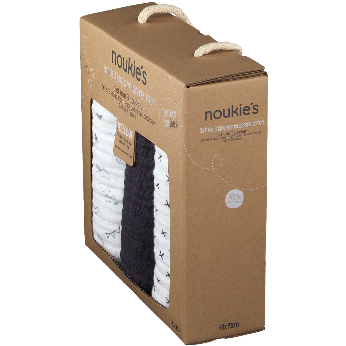 Boîte en carton avec 3 langes en mousseline. Visible : blanc à motifs, bleu foncé, blanc à croix. Poignée. Impression : Noukie's.