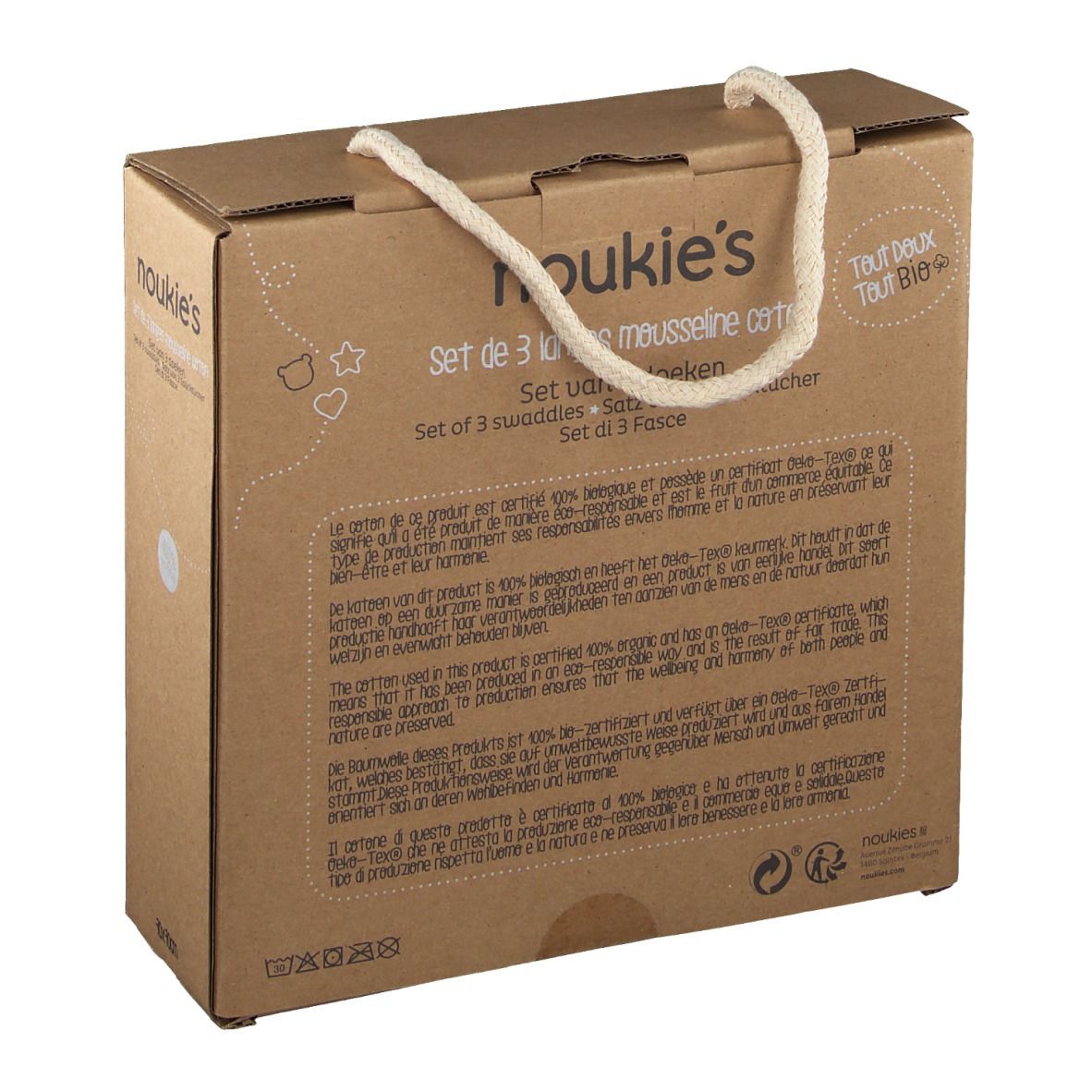 Dos de la boîte en carton avec texte. Poignée. Impression : Noukie's, coton bio, texte en allemand, français, italien, néerlandais.