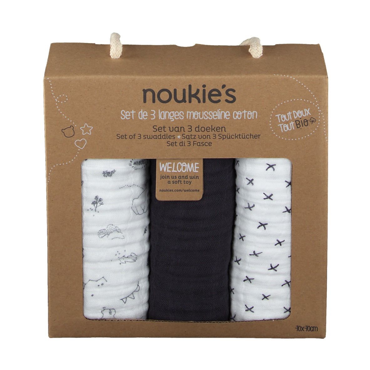 Boîte en carton avec 3 langes en mousseline. Visible : blanc à motifs, bleu foncé, blanc à croix. Poignée. Impression : Noukie's, Welcome.