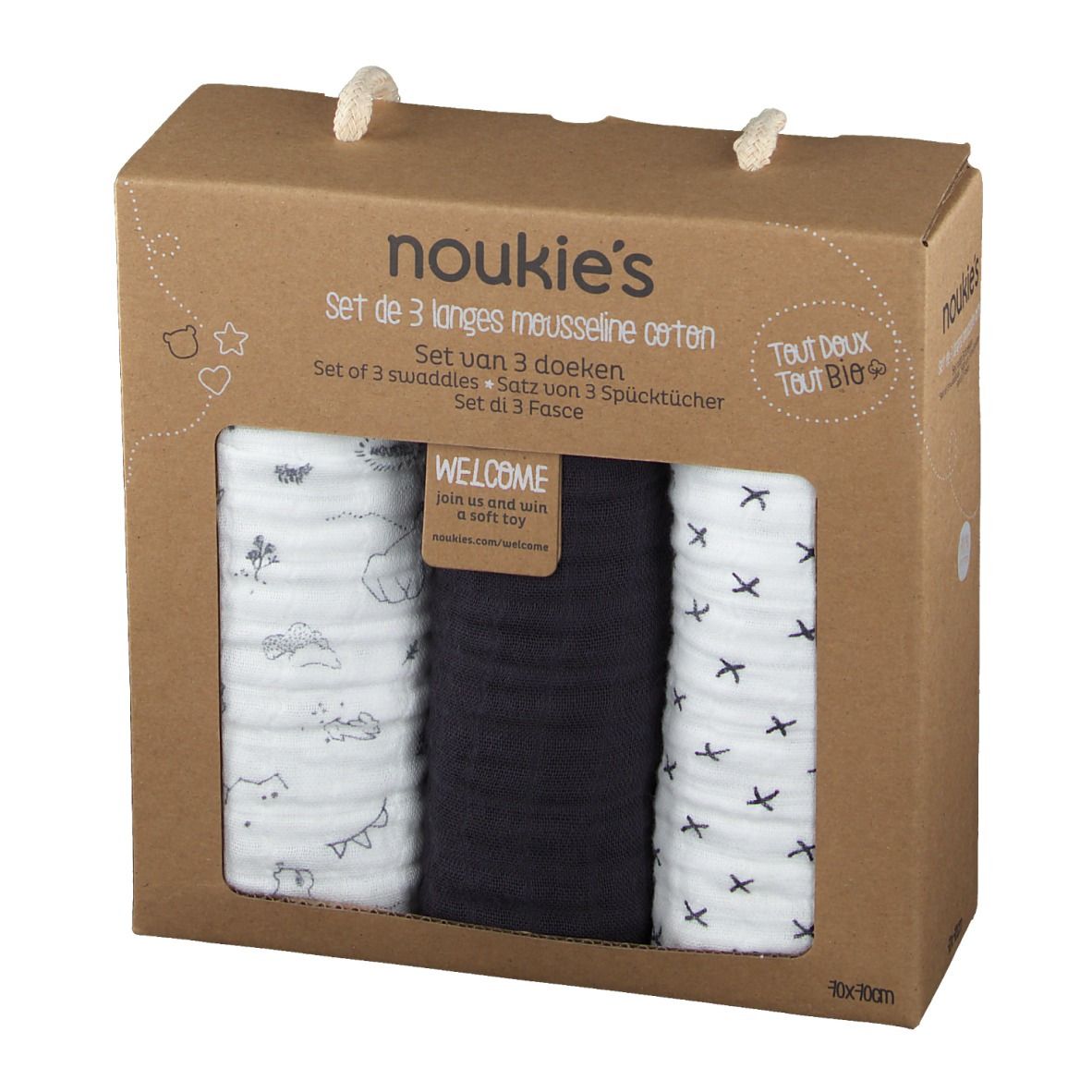 Boîte en carton avec 3 langes en mousseline. Visible : blanc à motifs, bleu foncé, blanc à croix. Poignée. Impression : Noukie's, Welcome.