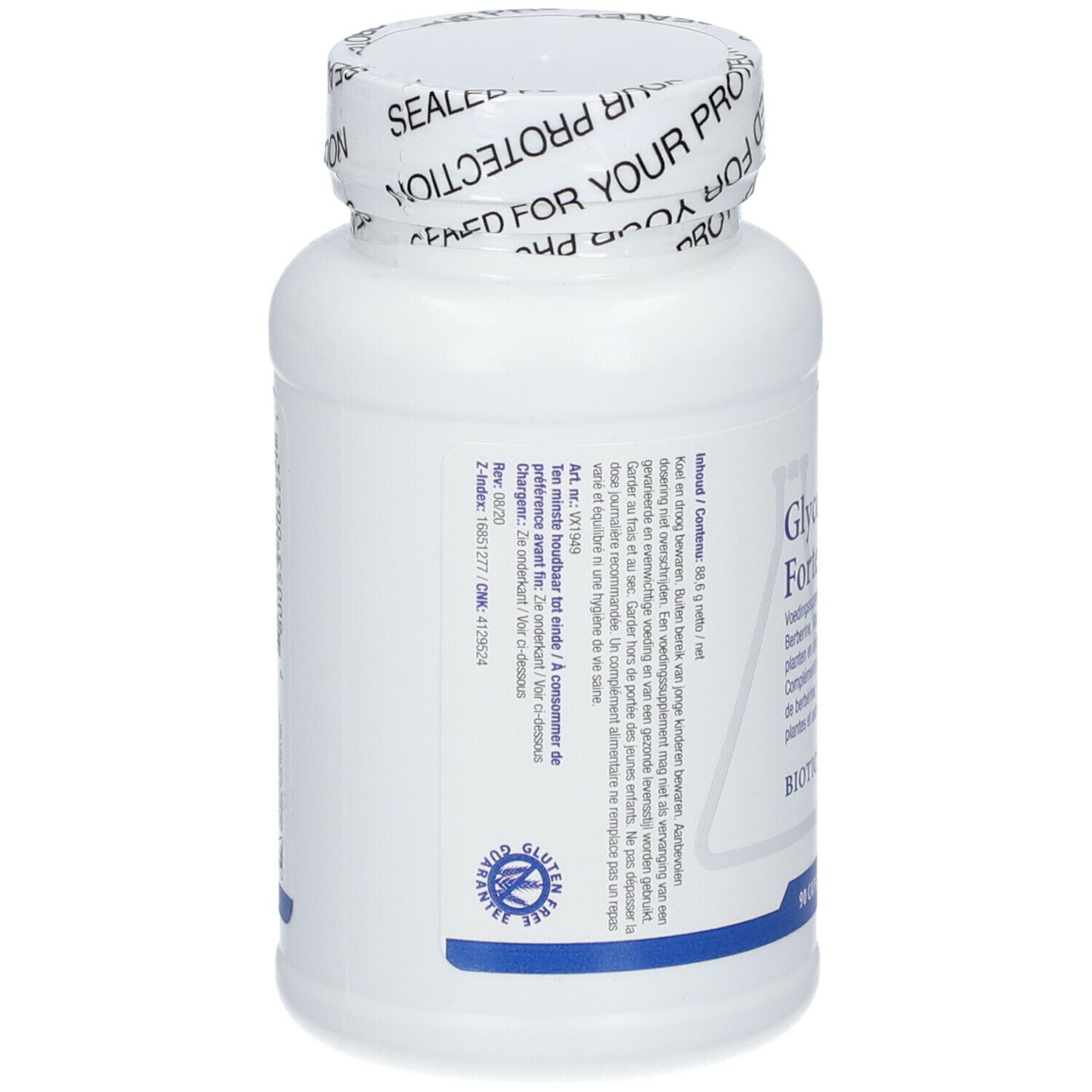 Dos d'un flacon blanc. Texte multilingue. "Glycozyme Forte". Logo Biotics Research. 90 gélules.