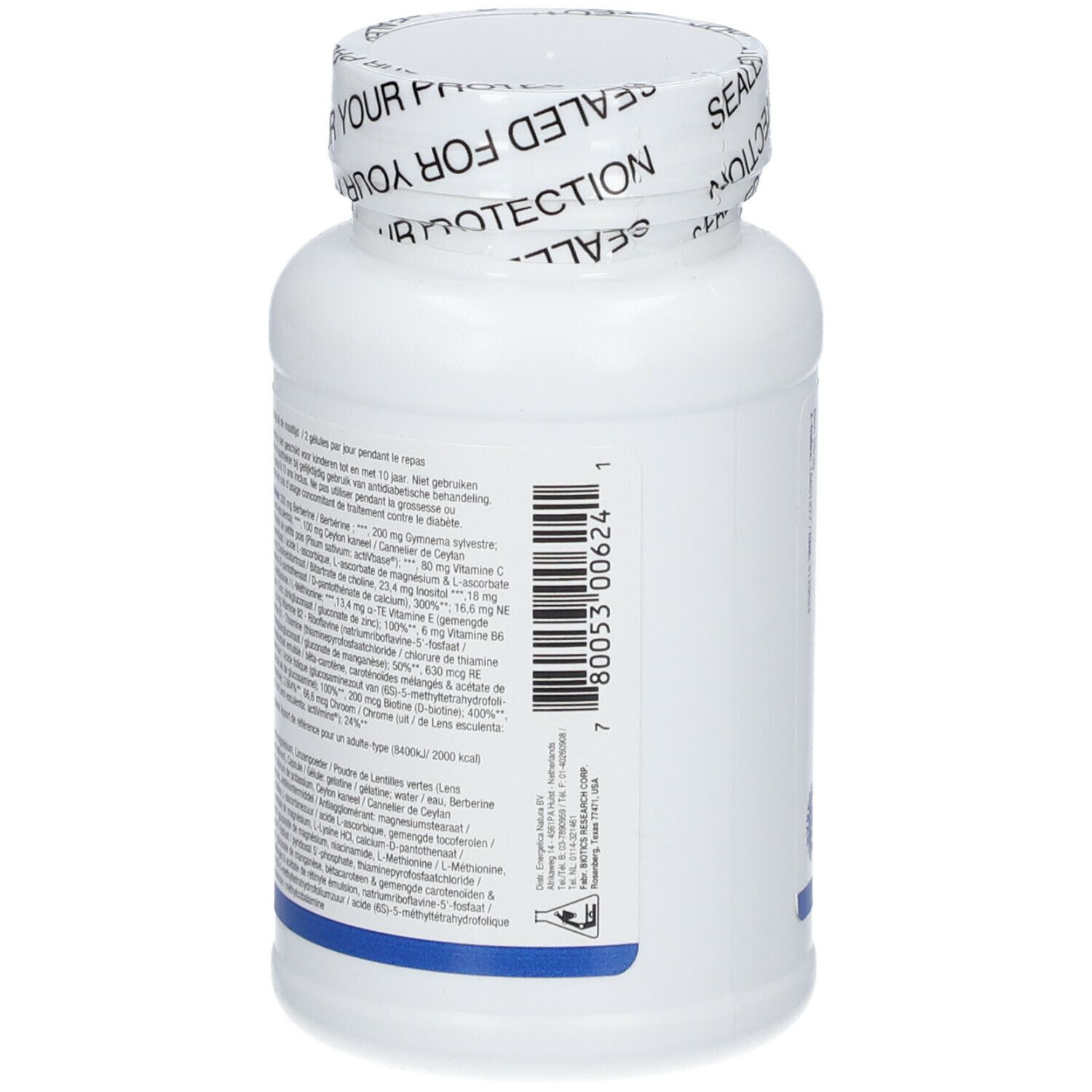 Dos d'un flacon blanc. Texte multilingue. "Glycozyme Forte". Logo Biotics Research. 90 gélules.
